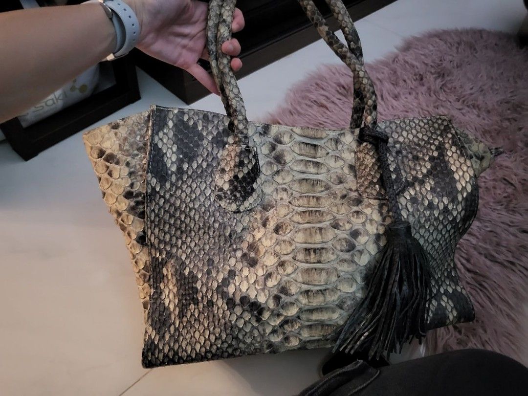 Super Rare Exotic Anaconda Skin Bag with Tassel Marble Effect Genuine Anaconda Skin HandBag Tote Bag