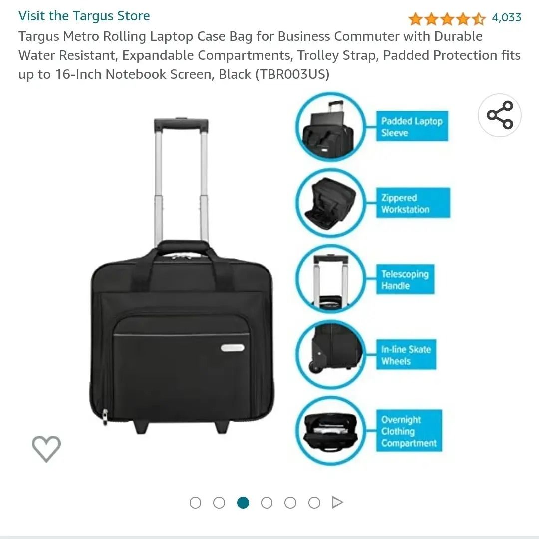 Targus Metro Rolling Laptop Case Bag for Business Commuter with Durable