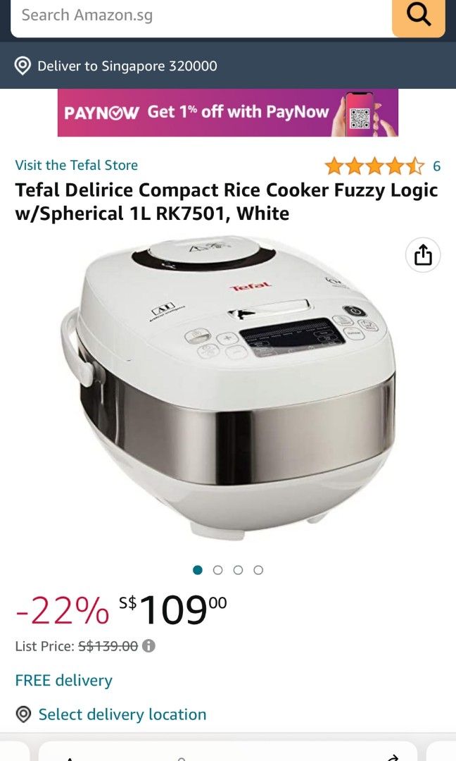 Tefal Delirice Compact Rice Cooker Fuzzy Logic w/Spherical 1L RK7501
