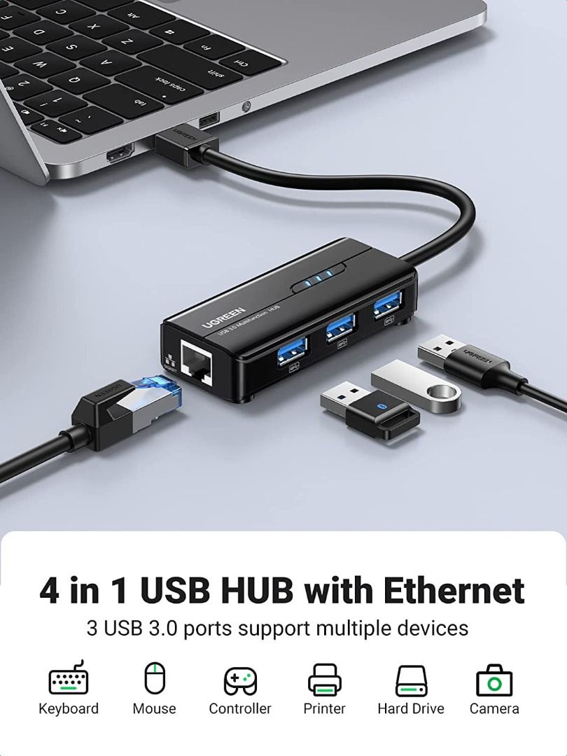 USB 3.0 to Ethernet Adapter,3-Port USB 3.0 Hub with RJ45 10/100/1000  Gigabit Ethernet Adapter Support Windows 10,8.1,Mac OS, Surface  Pro,Linux,Chromebook and More 