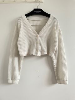 White cropped waffle knit cardigan