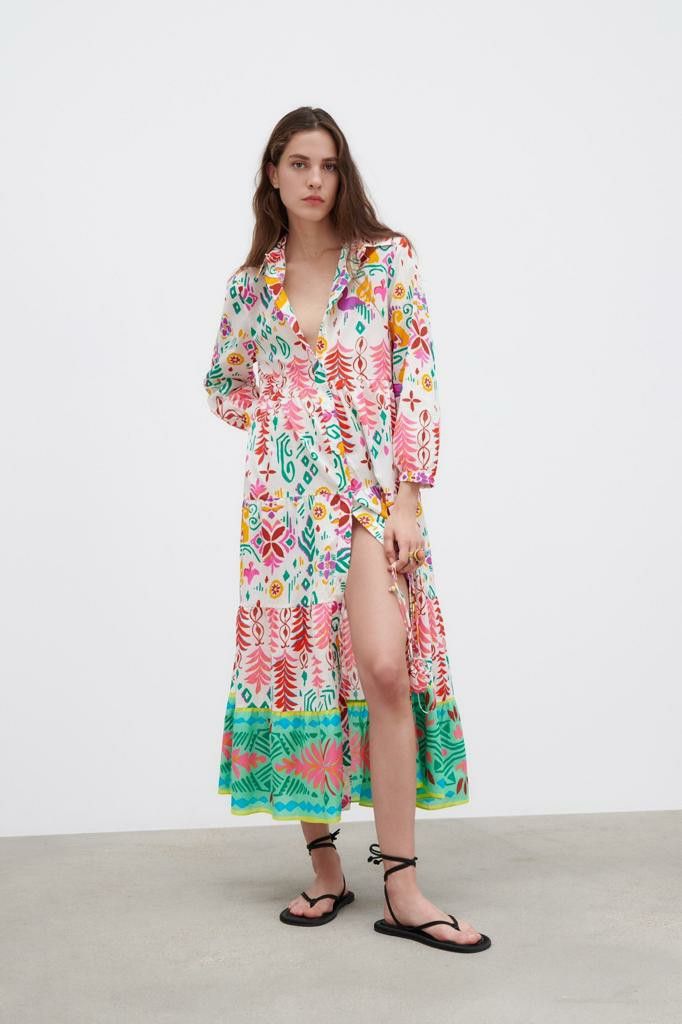 ZARA pink peacock cotton printed maxy dress