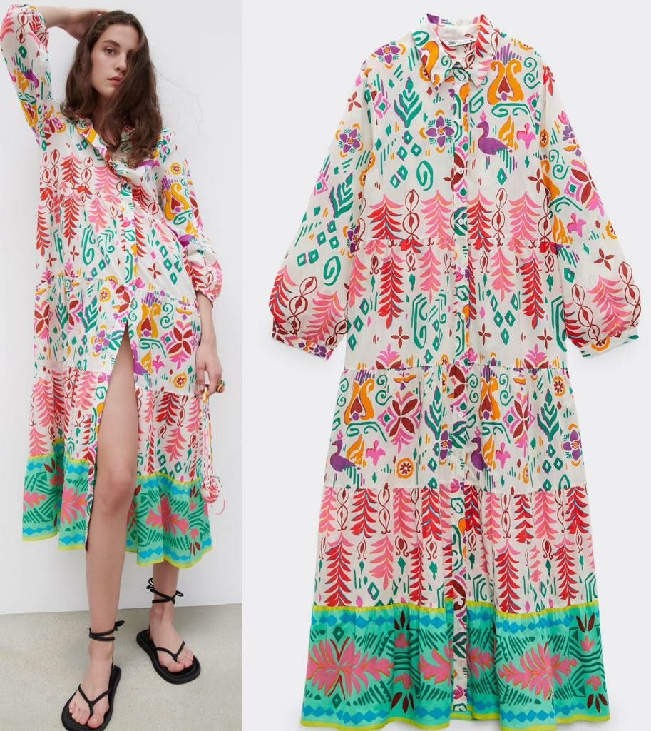 ZARA pink peacock cotton printed maxy dress