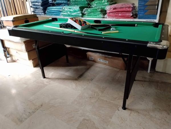 3x6ft imported foldable billiard table with complete set of accessories (Category: Billiards and Bowling) located in San Pablo. Submitted by abw4reyes (Listing ID 1207896698, Image 2). Description: 3x6ft imported foldable billiard table specs metal leg foldable imported mdf bedding brand new Inclusions -2 billiard cue stick -1 set 2inch billiard ball set -1 plastic triangle -1 brush - 2 billiard chalk for more info you can direct message me or ca