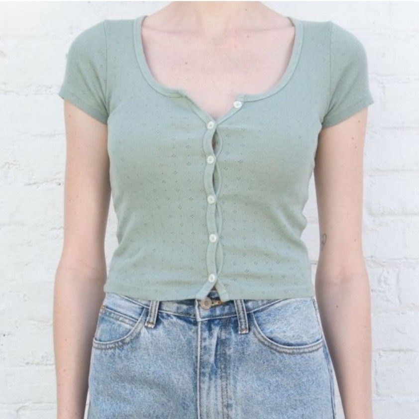 Brandy Melville — Zelly Eyelet Ribknit Top in Sage Green ♡, Women's