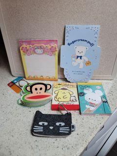 舊款 memo pads (6本共$40) Hello Kitty 2001 / Sugar Cream Puff 1996 / Pompompurin 布甸狗 2005 / the bears' school / Paul Frank 2013 / Zense 黑貓 cat / Sanrio (除了Paul frank Zense 黑貓) Made in Japan
