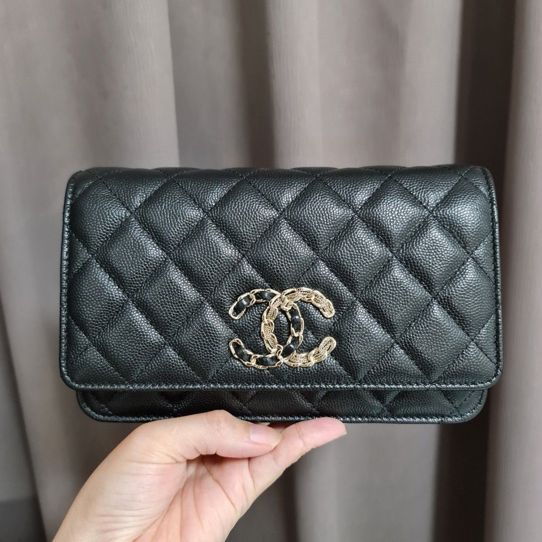 Authentic Chanel Black Quilted Calfskin Leather Wallet with Pearl