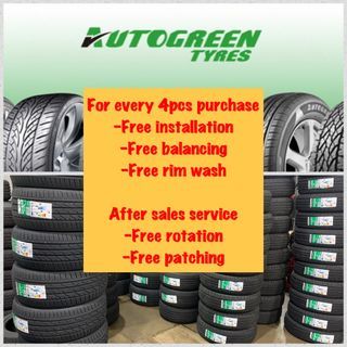 FREE rotation and tyre patching after sales service with purchase of 4pcs Autogreen tyres. Direct wholesale tires price. Cheapest tyre with added on services. Installation, balancing, rim wash. Promotion price while stock last only!