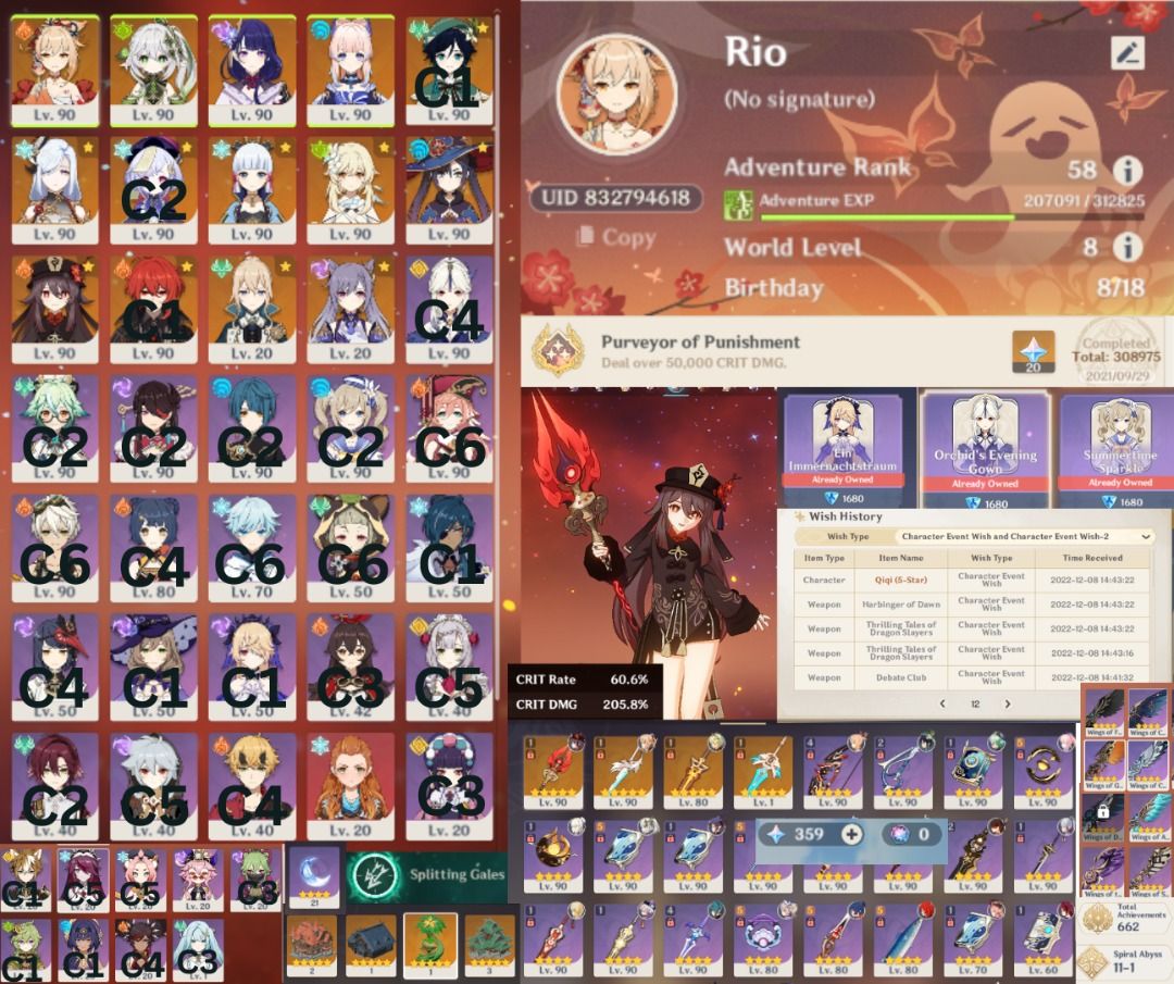 Genshin Impact End game account 3 Archons Hu tao with Signature