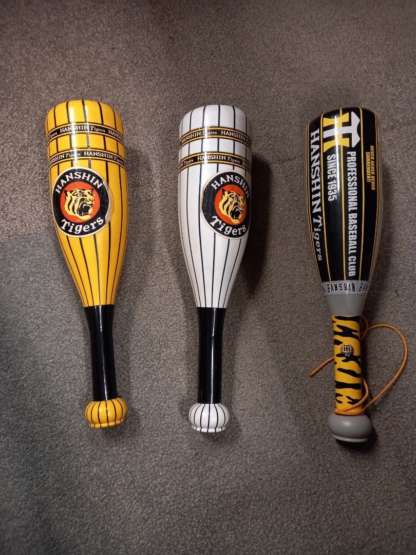 Hanshin Tiger fight plastic bat (Category: Action & Battle Toys) located in Pasig City. Submitted by nino_papa (Listing ID 1207932953, Image 1). Description: Hanshin Tiger fight bat collectible 3 designs available P500 per piece, Take All for P1,350. In good condition with slight flaw in stickers. MoP: GCash only Deliver via Lalamove or Grab, SF c/o buyer. Ok for meet up in SM MegaMall..