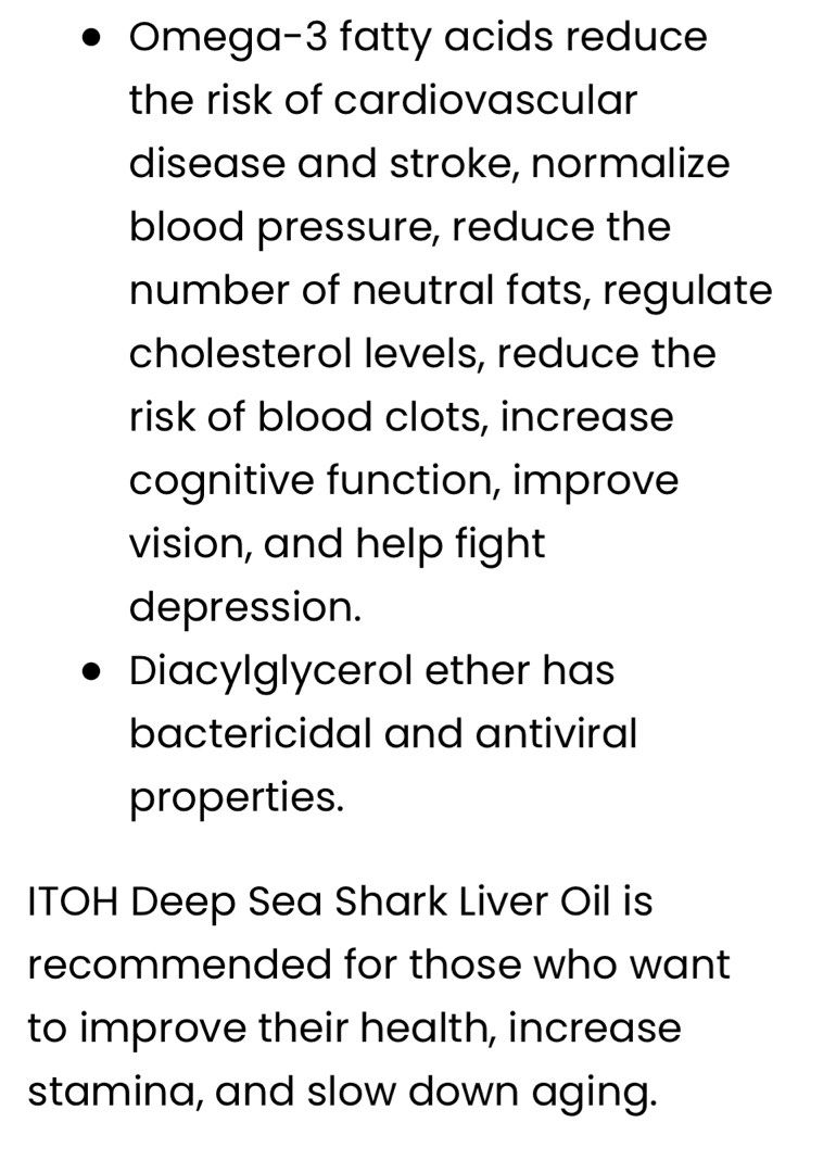 Itoh Shark Liver Oil 180softgels, Health & Nutrition, Health Supplements, Vitamins