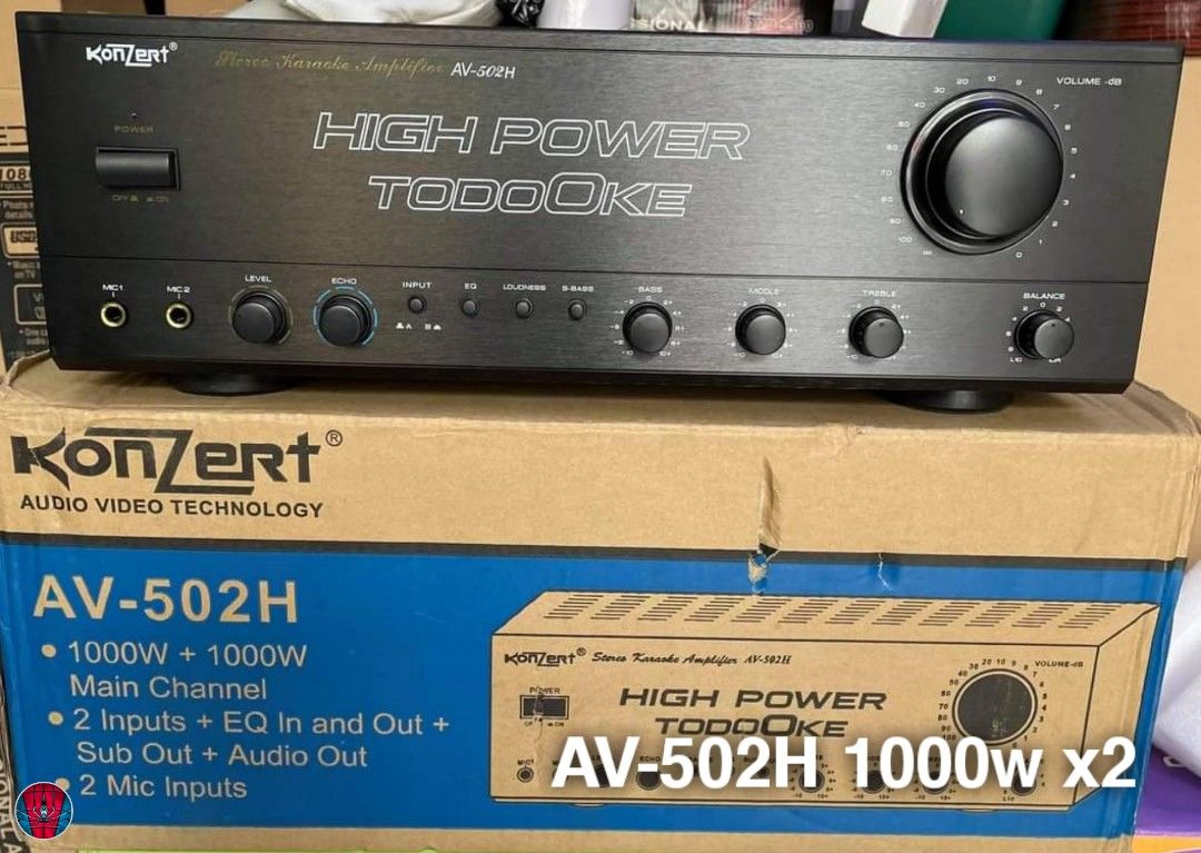 KONZERT Original ✔️ Integrated KARAOKE Amplifiers (Category: Soundbars, Speakers & Amplifiers) located in Manila. Submitted by electronicsatbphub (Listing ID 1208045551, Image 3). Description: KONZERT Integrated KARAOKE Amplifiers Brand-new✨ Original ✔️ AV-502C 500w x2 - ₱5,900 AV-702 750w x2 - ₱6,900 AV-502H 1,000w x2 - ₱7,800 USB/Bluetooth/FM AV-303B+ 200w x2 - ₱4,800 AV-635B+ 400w x2 - ₱6,800 ❌ RC/USB/Bluetooth/FM AV-602R+ 500w x2 - ₱7,300 RC/