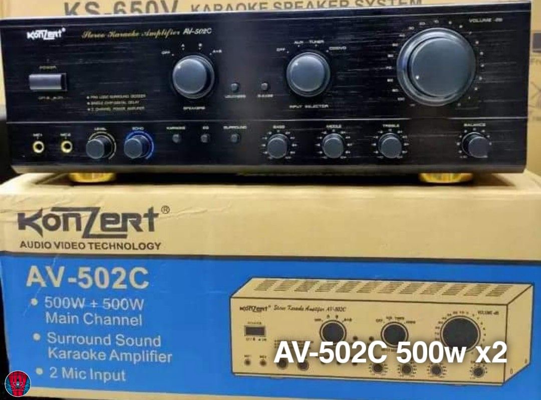 KONZERT Original ✔️ Integrated KARAOKE Amplifiers (Category: Soundbars, Speakers & Amplifiers) located in Manila. Submitted by electronicsatbphub (Listing ID 1208045551, Image 1). Description: KONZERT Integrated KARAOKE Amplifiers Brand-new✨ Original ✔️ AV-502C 500w x2 - ₱5,900 AV-702 750w x2 - ₱6,900 AV-502H 1,000w x2 - ₱7,800 USB/Bluetooth/FM AV-303B+ 200w x2 - ₱4,800 AV-635B+ 400w x2 - ₱6,800 ❌ RC/USB/Bluetooth/FM AV-602R+ 500w x2 - ₱7,300 RC/