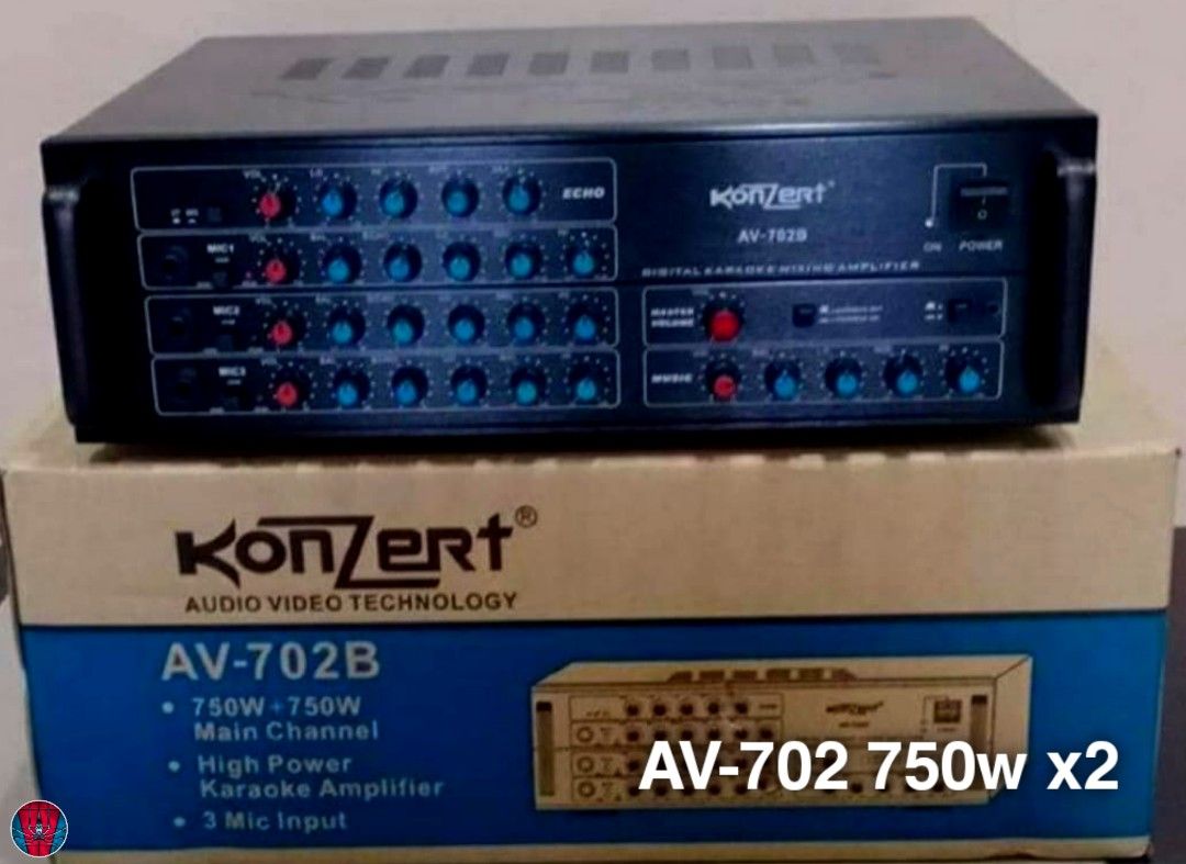 KONZERT Original ✔️ Integrated KARAOKE Amplifiers (Category: Soundbars, Speakers & Amplifiers) located in Manila. Submitted by electronicsatbphub (Listing ID 1208045551, Image 2). Description: KONZERT Integrated KARAOKE Amplifiers Brand-new✨ Original ✔️ AV-502C 500w x2 - ₱5,900 AV-702 750w x2 - ₱6,900 AV-502H 1,000w x2 - ₱7,800 USB/Bluetooth/FM AV-303B+ 200w x2 - ₱4,800 AV-635B+ 400w x2 - ₱6,800 ❌ RC/USB/Bluetooth/FM AV-602R+ 500w x2 - ₱7,300 RC/