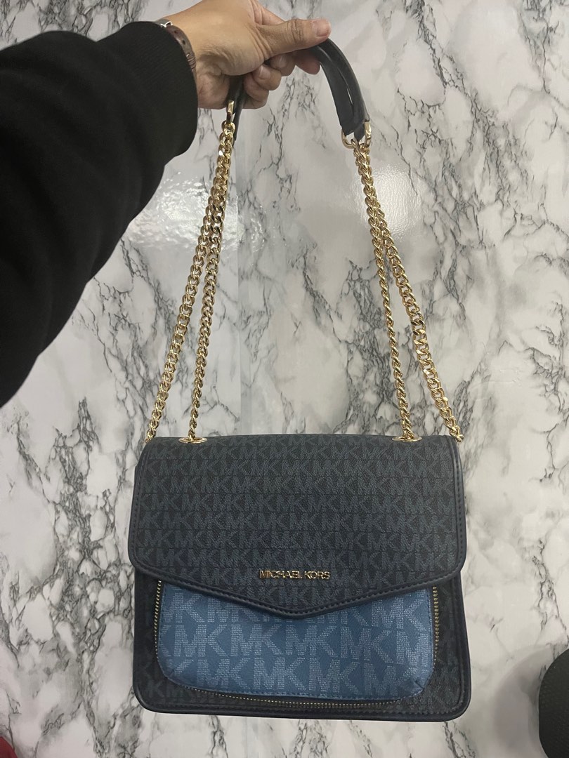 MICHAEL KORS Regina Blue Signature Shoulder Bag, Luxury, Bags & Wallets