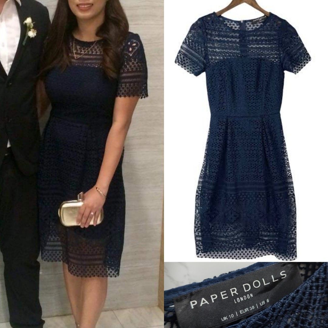 PAPER DOLLS LONDON Navy Crochet Midi Dress, Women's Fashion, Dresses