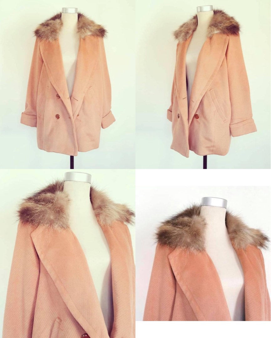 PEACH WOOL WINTER TRENCH COAT with FUR HOOD, Women's Fashion, Coats