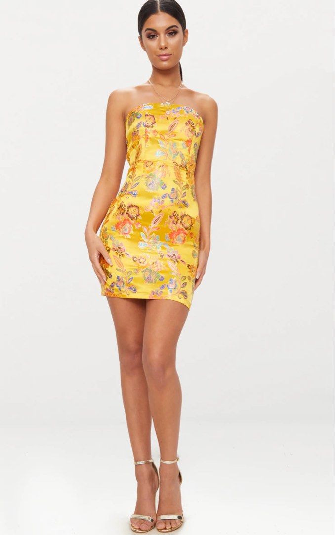 Mustard oriental satin bandeau lace up back bodycon dress store
