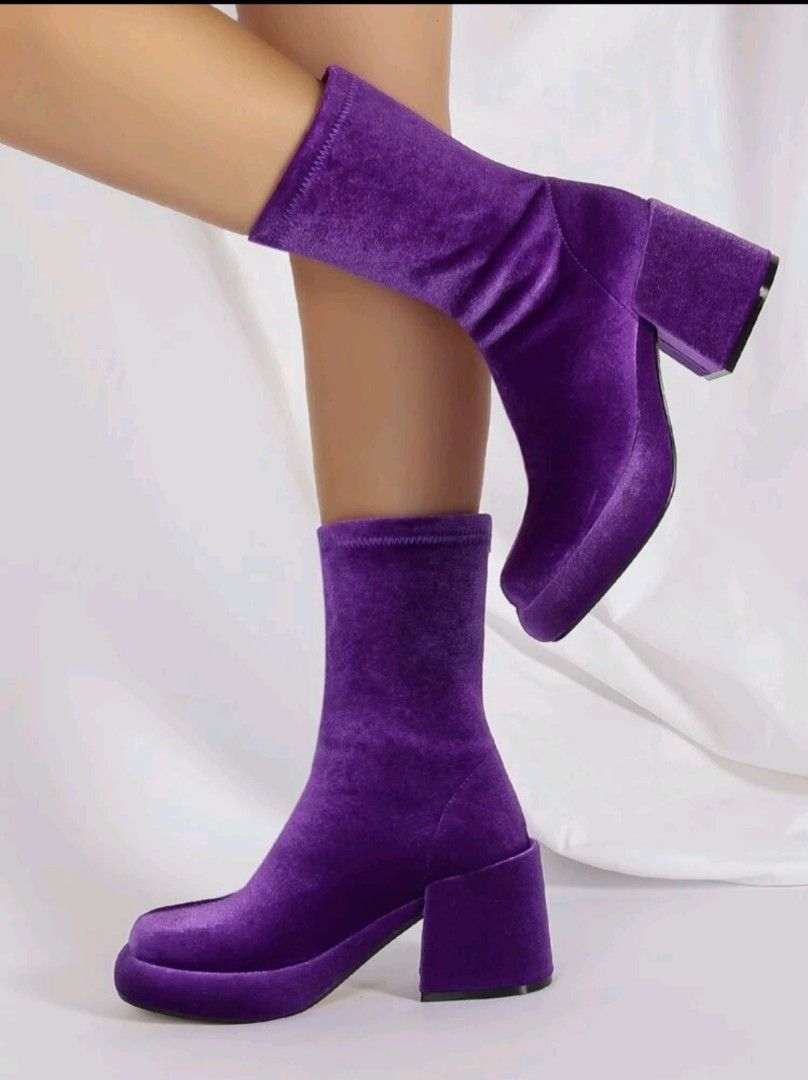 Purple Velvet Chunky Y2K Heel Boots Women s Fashion Footwear