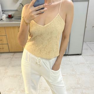 Singlet Camisole Sleeveless Sexy “V” Neckline Top Spaghetti Strap Lace Beige Brand New