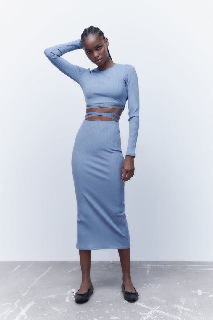 Zara Lace Up Crop Top Ribbed Longsleeve and Maxi Midi Skirt Set Coordinates Terno Women s Fashion Dresses Sets Sets or Coordinates on Carousell