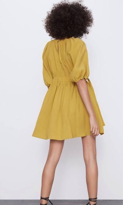 Zara Mustard Yellow Puff Sleeve Dress with Bows Women s Fashion