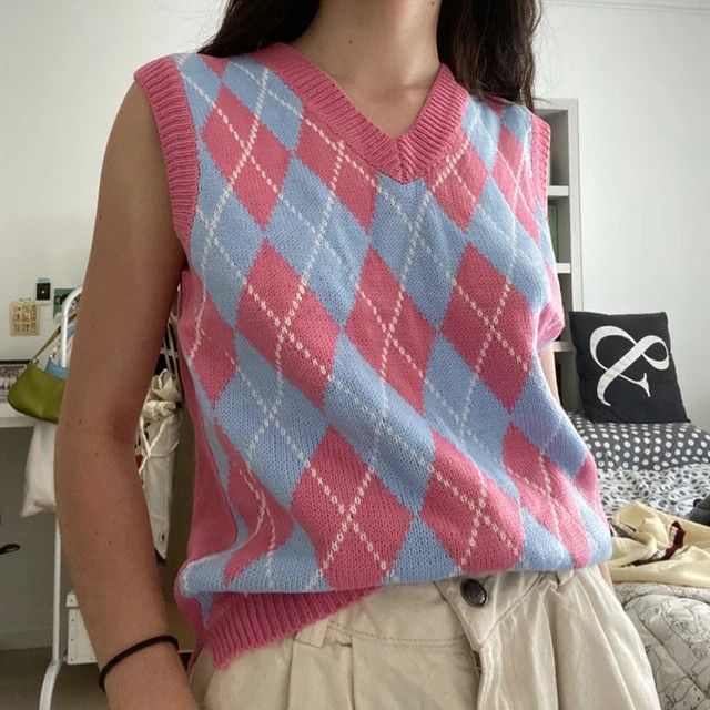 Hyipels Argyle Sweater Vest Women Y2K Plaid Knitted Streetwear