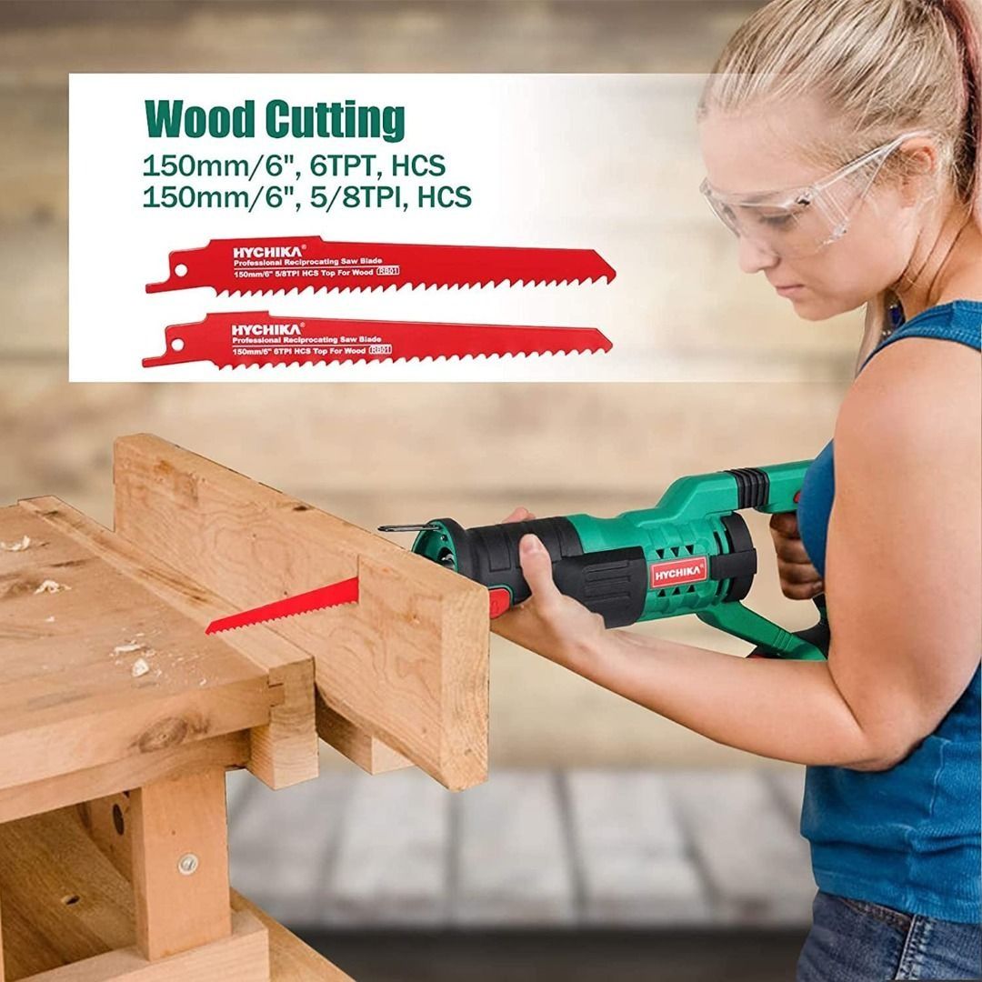 B3035] Reciprocating Saw, HYCHIKA 18V Cordless Saw with 2x2000mAh Batteries,  0-2800rpm Variable Speed Electric Saw, PCS Saw Blades, Hour Fast  Charger, LED Light, Ideal for Wood and Metal Cutting, Furniture