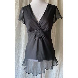 Black Sheer V Neck Top with Crochet Waist