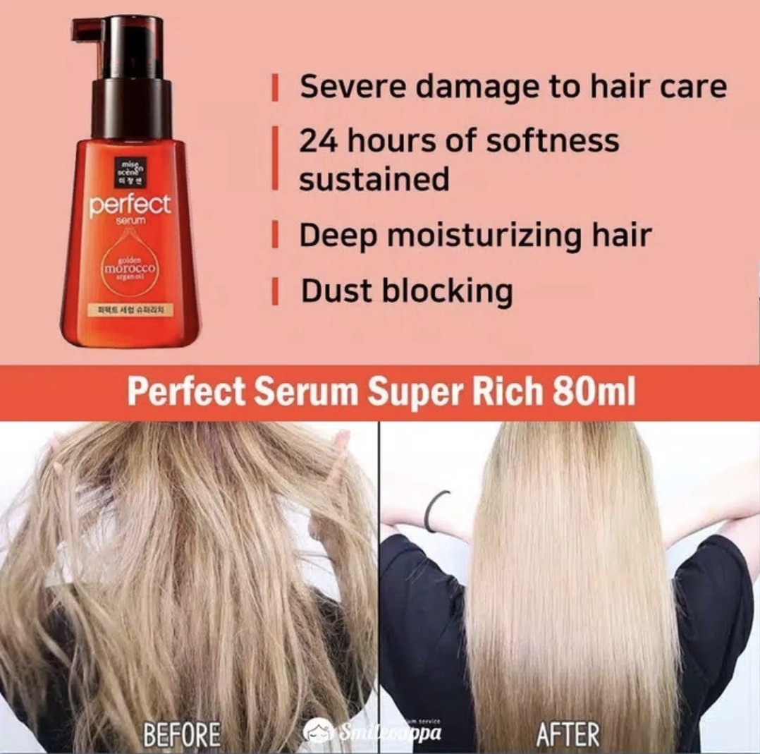 Brand New Mise En Scene Perfect Hair Serum Morocco Argan oil super rich  80ml korea, Beauty & Personal Care, Hair on Carousell