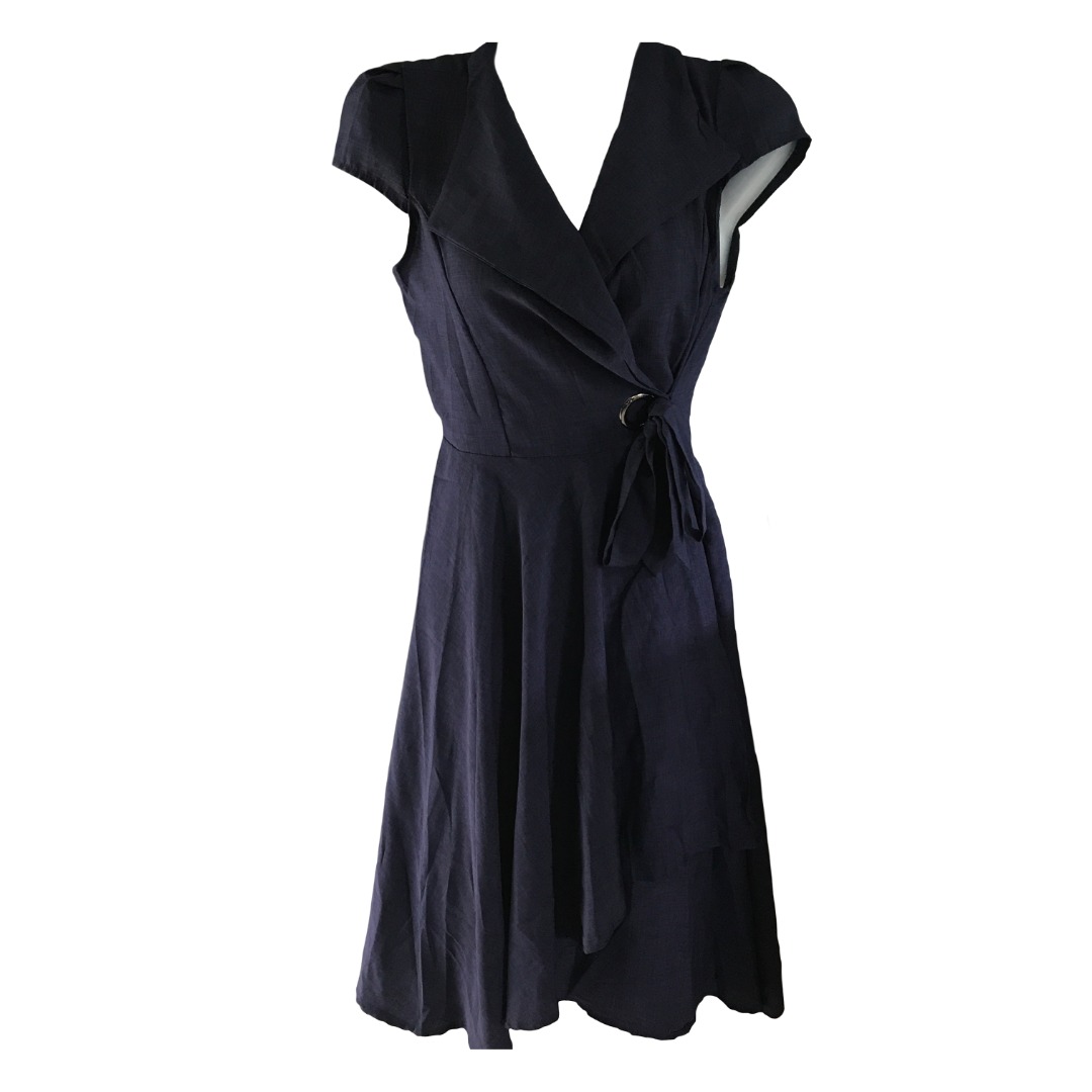 Dark Blue Wrap Dress with Cap Sleeves, Women's Fashion, Dresses & Sets