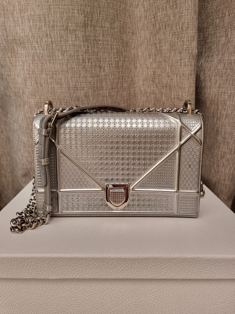 Dior Metallic Silver Micro Cannage Patent Leather Medium Diorama Shoulder  Bag Dior