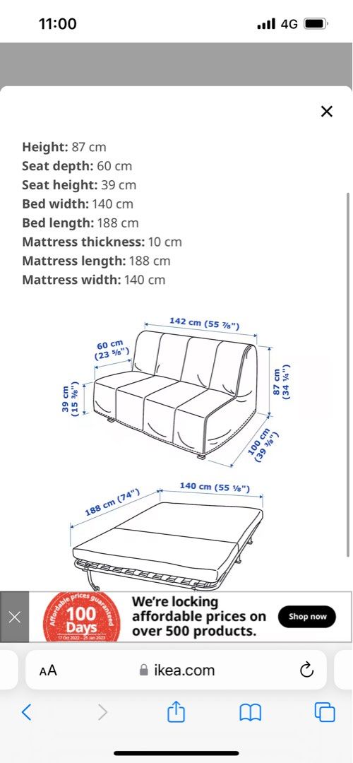 Ikea LYCKSELE Sofa Bed (double size), Furniture & Home Living