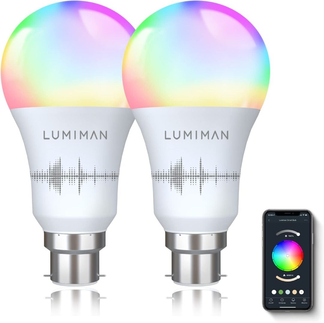 LUMIMAN Smart Bulbs, B22 7.5W Energy Saving Colour Changing Alexa Light  Bulbs, LED WiFi Light Bulbs That Work with Alexa, Dimmable Tunable, No Hub  Required, 2.4Ghz Only, 2 Pack [Energy Class E]