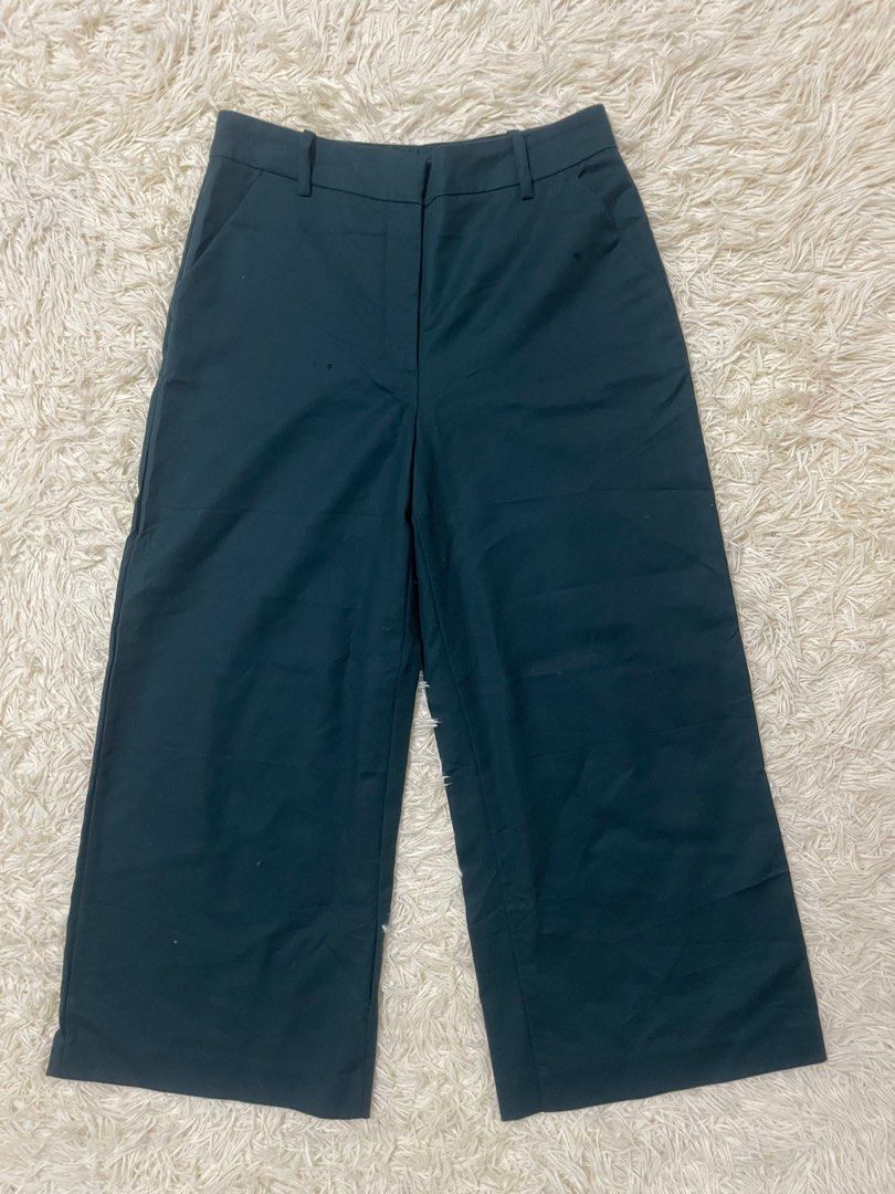 M ZARA dark emerald green wide straight pants, Women's Fashion, Bottoms,  Other Bottoms on Carousell