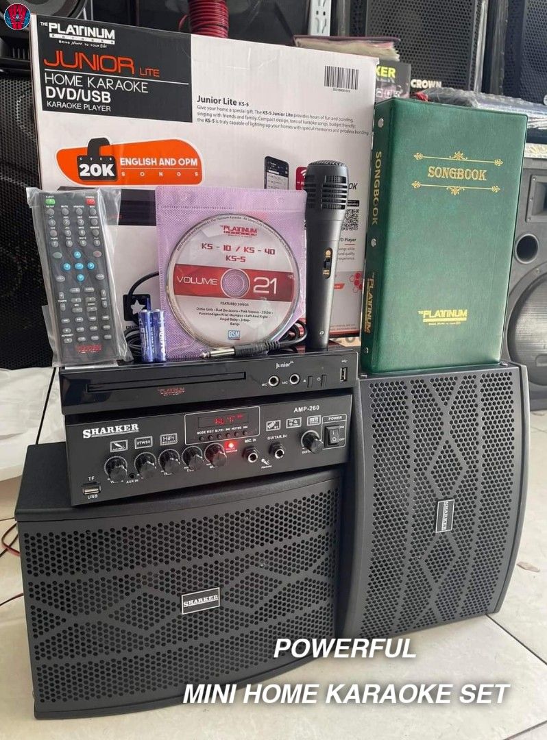 POWERFUL MINI HOME KARAOKE SET (Category: Soundbars, Speakers & Amplifiers) located in Manila. Submitted by electronicsatbphub (Listing ID 1208104687, Image 3). Description: SHARKER AMPLIFIER & SPEAKER D6" 2WAY plus PLATINUM PLAYER "JR LITE" ₱5,200 only😍 MINI HOME KARAOKE SET Brand-new✨ Original ✔️ 👉PACKAGE INCLUDES ✅1 x MINI DVD PLAYER (Platinum Ks-5) ✅1 x MINI SONGBOOK (20k songs) ✅1 x REMOTE CONTROL (free battery) ✅1 x CD VOL. 21 (2022 Lates