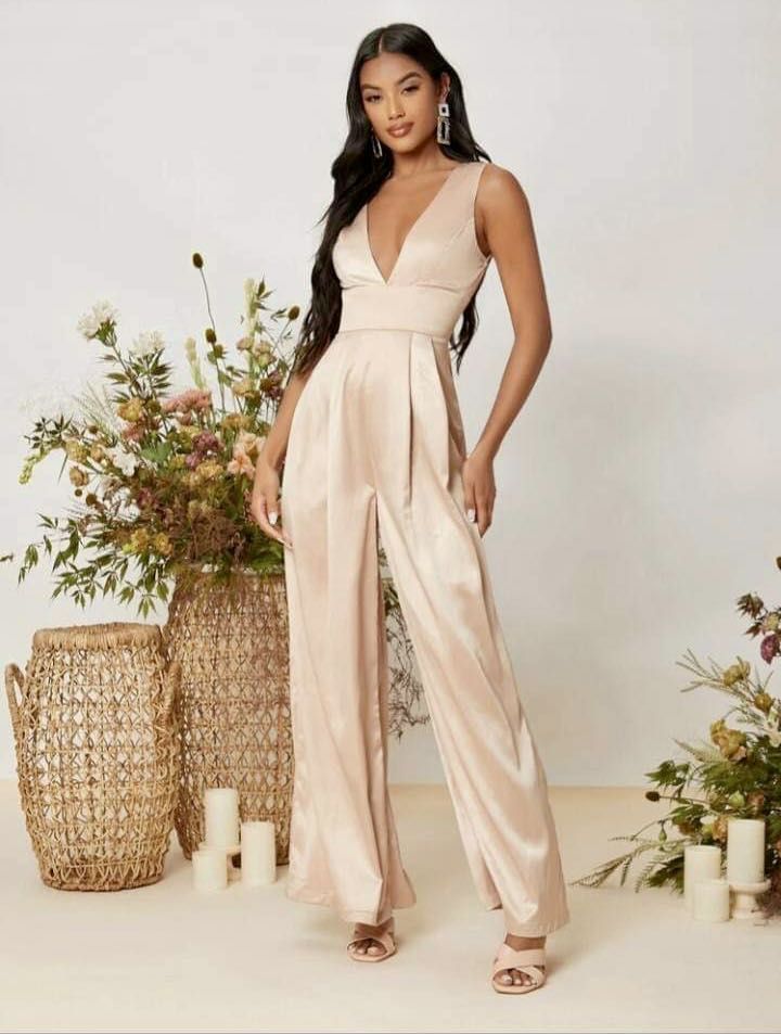 Satin Jumpsuit champagne color Women s Fashion Dresses Sets