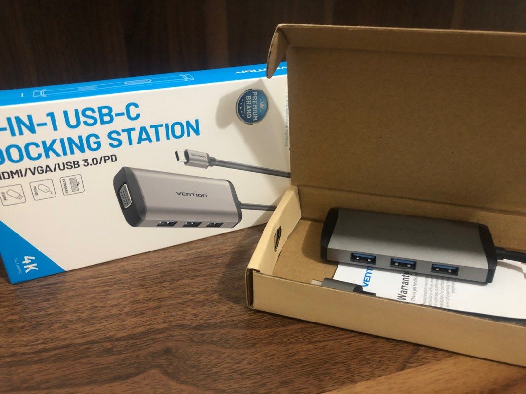 Vention 6-in-1 USB C Docking Station (Category: Cables & Adaptors) located in Quezon City. Submitted by samthingsshop (Listing ID 1208235044, Image 2). Description: Includes 3 USB 3.0/ VGA/ PD /HDMI ports Unit comes with original box and papers. Used only once to test and all ports are working fine. Accidentally bought an extra unit so selling this one. Item originally bought from Shopee..
