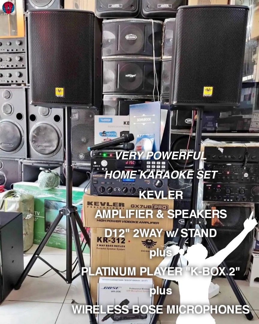 VERY POWERFUL HOME KARAOKE SET💪🏼 (Category: Soundbars, Speakers & Amplifiers) located in Manila. Submitted by electronicsatbphub (Listing ID 1208216853, Image 1). Description: KEVLER AMPLIFIER & SPEAKERS D12" 2WAY w/STAND plus PLATINUM PLAYER "K-BOX 2" plus WIRELESS BOSE MICROPHONES ₱20,800 only😍 VERY POWERFUL HOME KARAOKE SET💪🏼 Brand-new✨ Original ✔️ 👉PACKAGE INCLUDES ✅1 x DVD PLAYER (Platinum K-box 2) ✅1 x SONGBOOK (21k songs) ✅1 x REMOTE