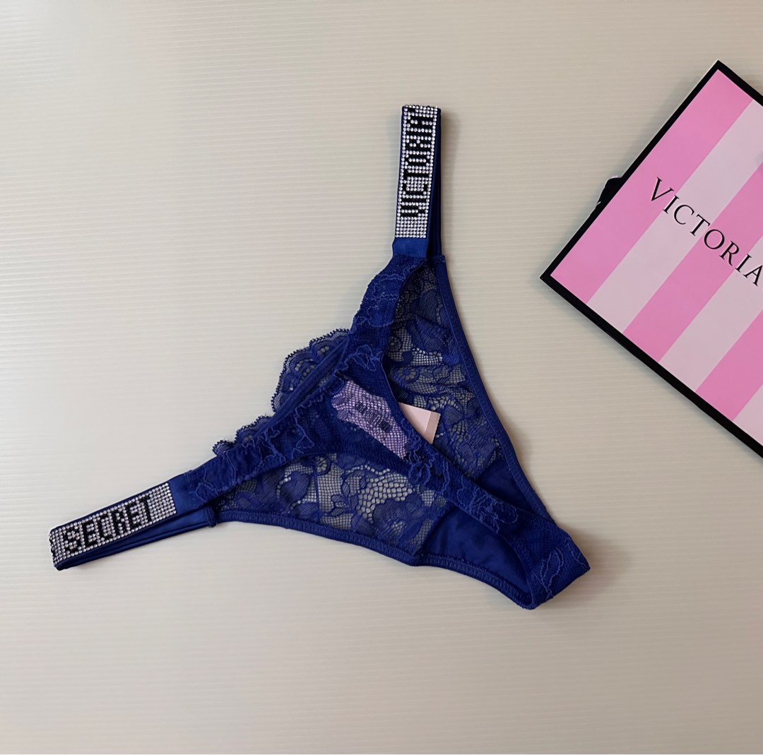 Victoria's Secret Dark Blue Lace Thong with Rhinestones Panty, Women's  Fashion, New Undergarments & Loungewear on Carousell