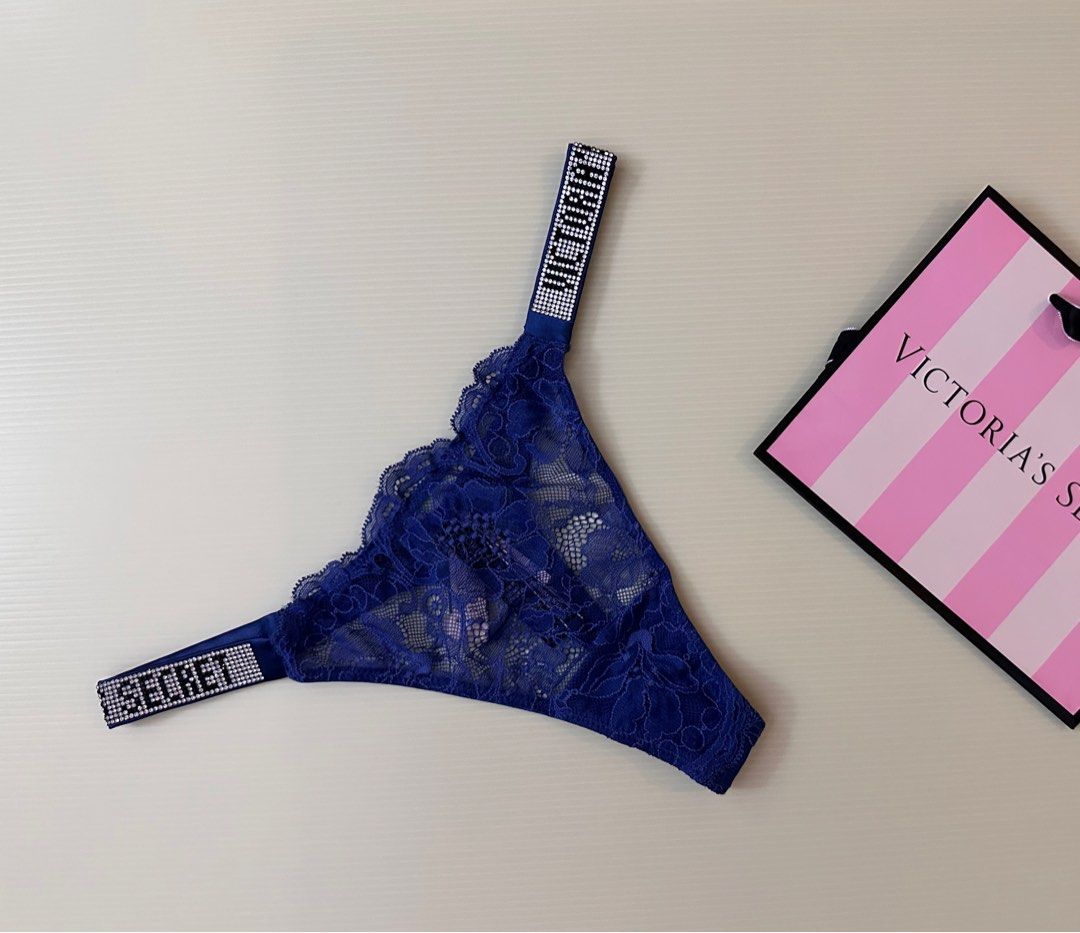 Victoria s Secret Dark Blue Lace Thong with Rhinestones Panty