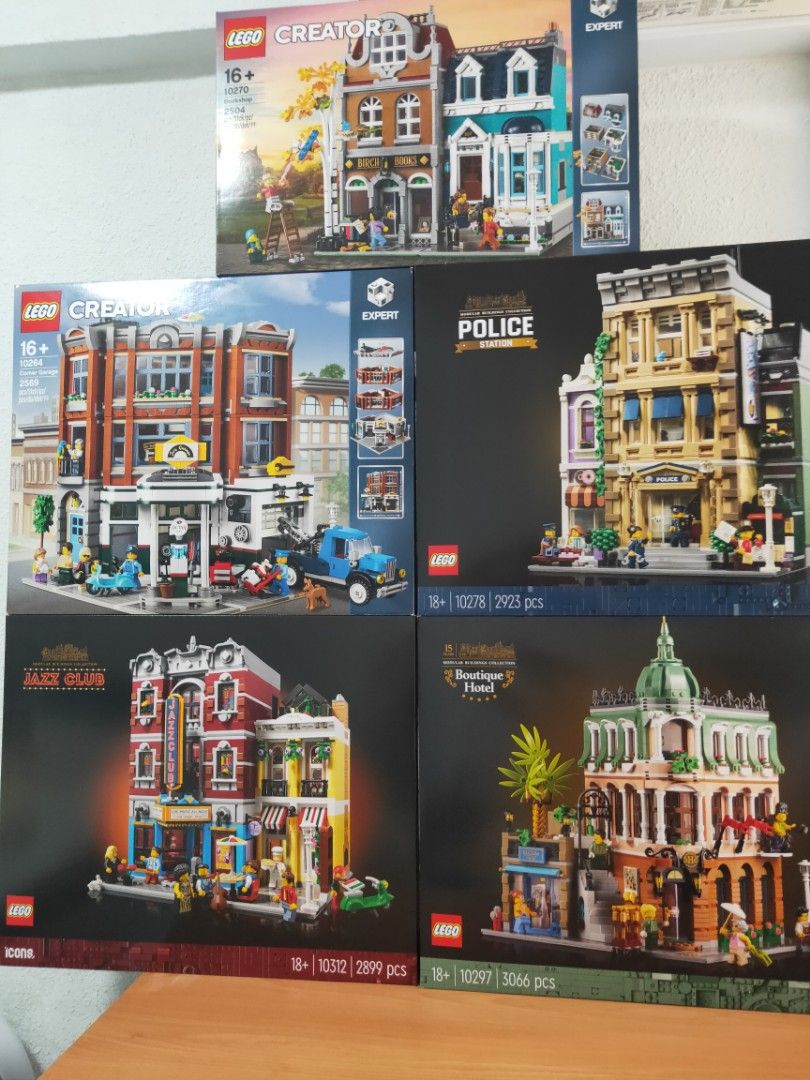 Brand new Lego Modular 10264 Corner Garage, 10270 Book Shop, 10278 Police  Station, 10297 Boutique Hotel, 10312 Jazz Club