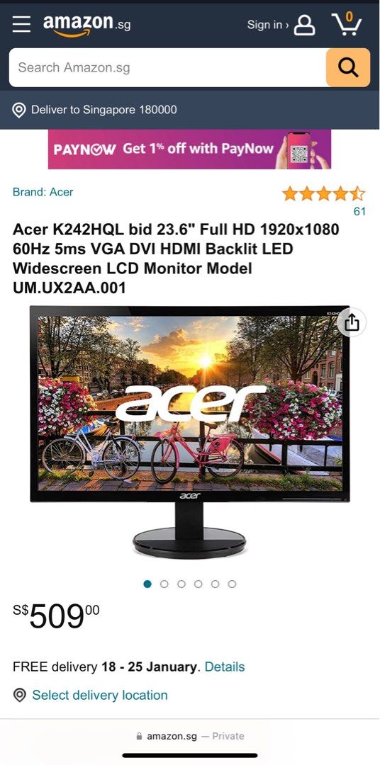 Acer K242HQL 24 inch LCD computer monitor screen