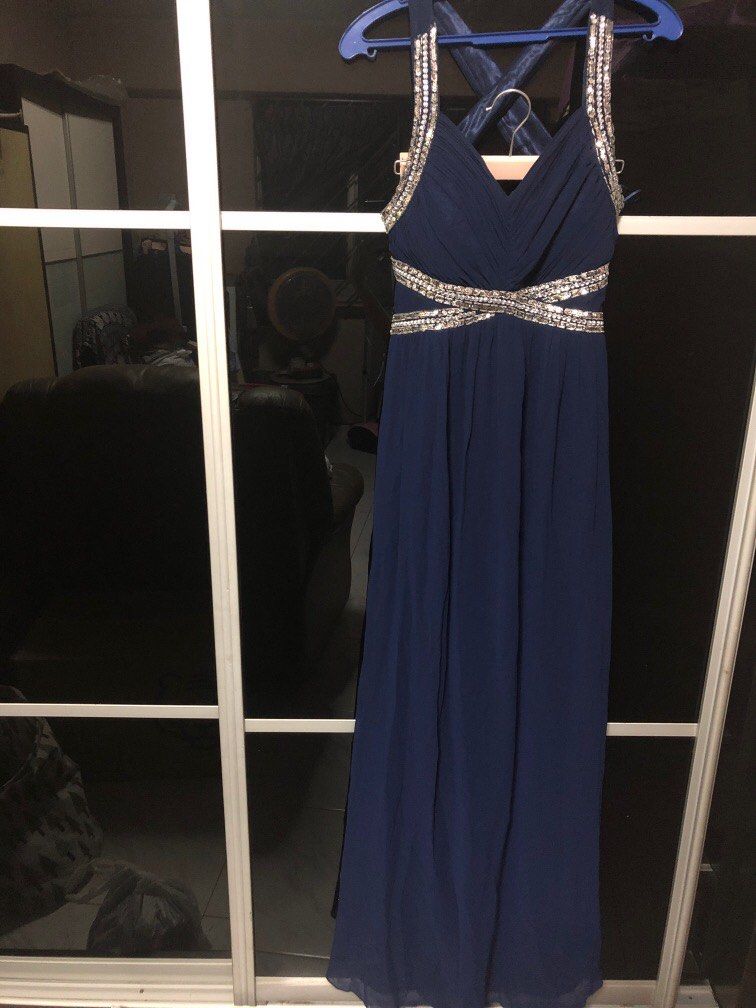 DND Evening Long Gown bling cross bare back sequin blue Women s