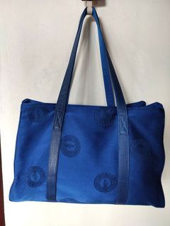 Falchi embossed logo shimmering blue fabric with leather handle  tote bag
