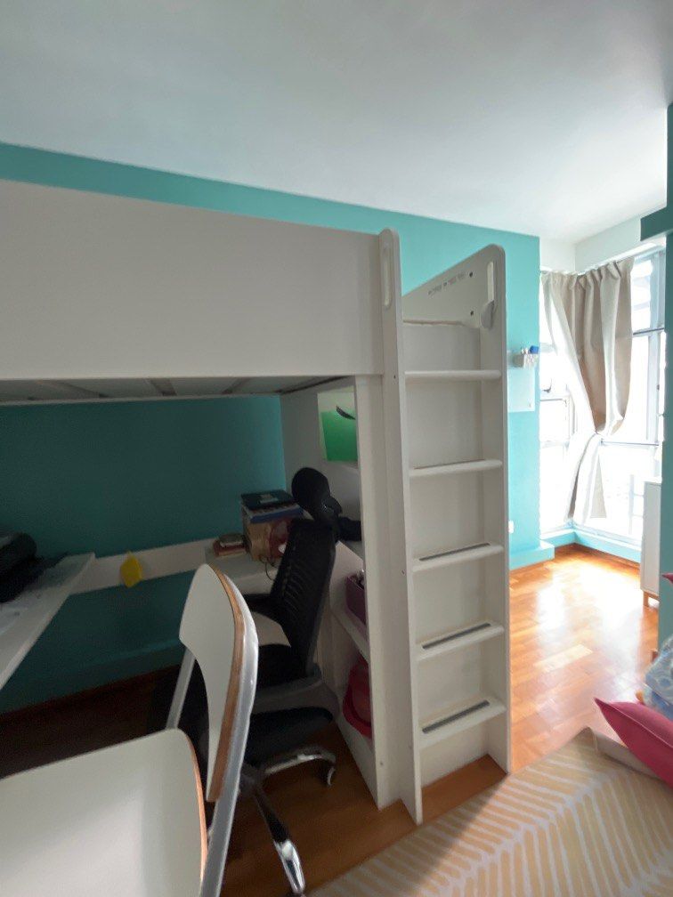 IKEA loft bed combo w table and 4 drawers + 4 shelves and 2 door