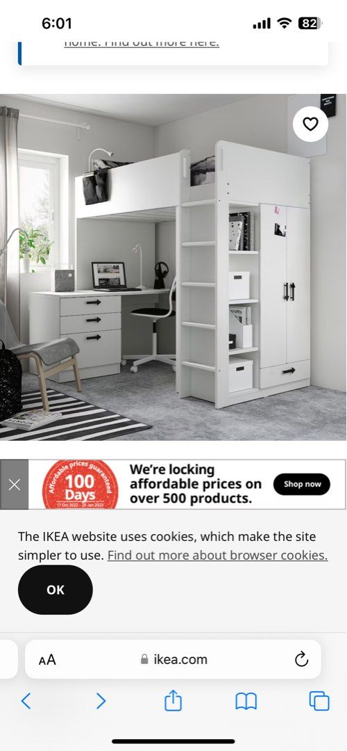 IKEA loft bed combo w table and 4 drawers + 4 shelves and 2 door