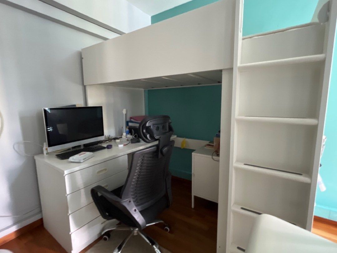 IKEA loft bed combo w table and 4 drawers + 4 shelves and 2 door