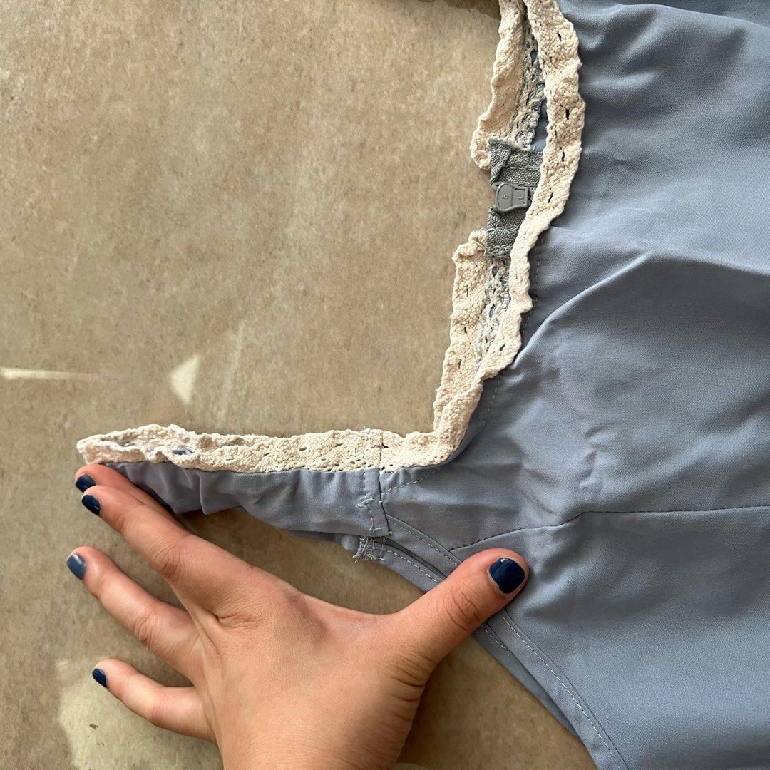 Light blue lace corset crop top zip back cottage core square neck chevron cut, Women's Fashion