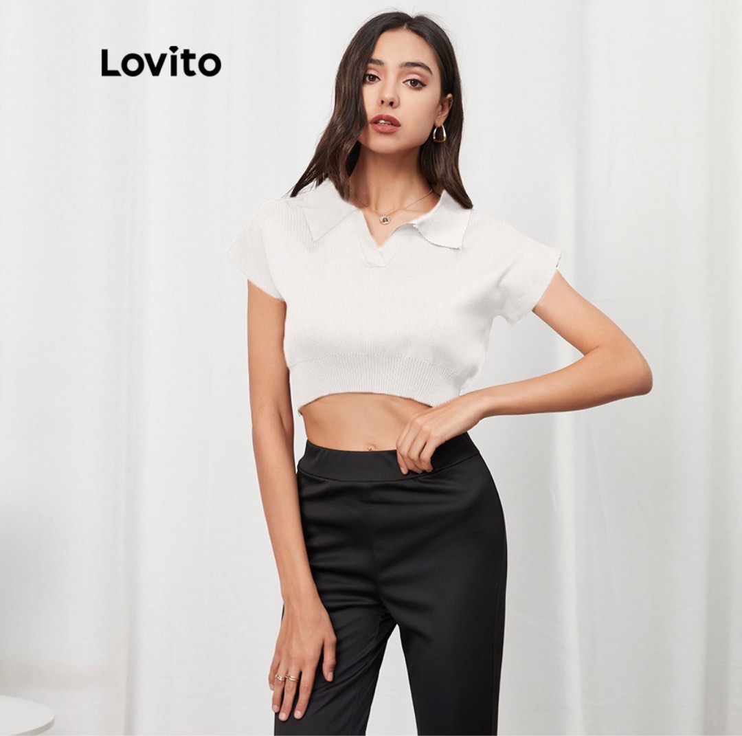 Lovito white collar crop top, Women's Fashion, Tops, Shirts on Carousell